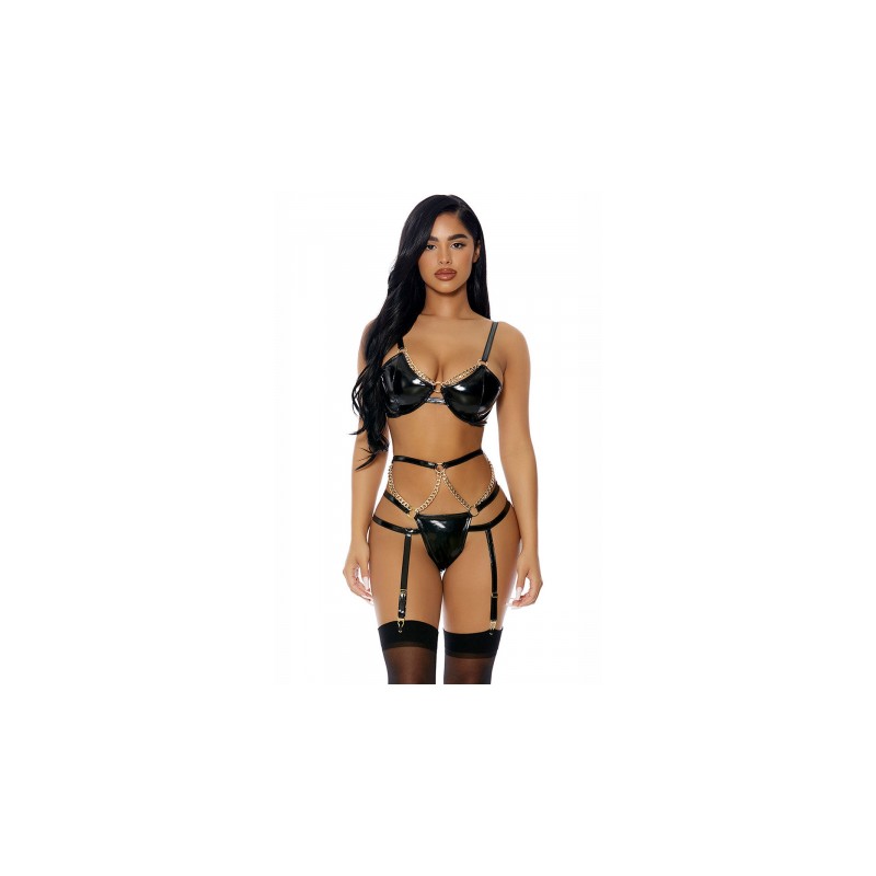 Ensemble 3 pièces à jarretelles en faux cuir - J Lingerie