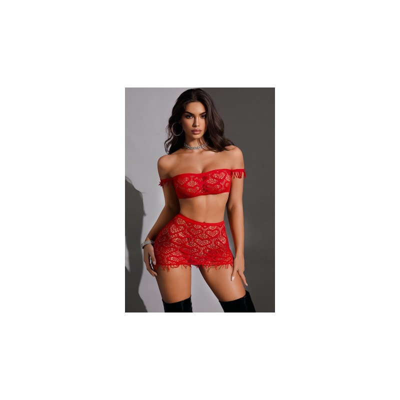 Ensemble top et jupe résille rouge - J Lingerie