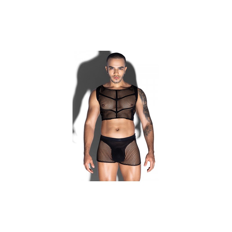 Ensemble top et boxer noir en maille résille - J Lingerie