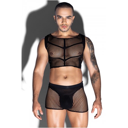 Ensemble top et boxer noir en maille résille - J Lingerie